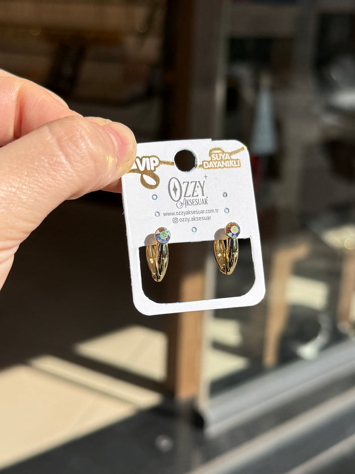 VIP Yuvarlak Opal Renk Zirkon Taşlı Oval Halka Küpe