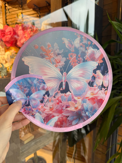 Çantalı Katlanabilir Yuvarlak Yelpaze Pembe Kelebek Desenli