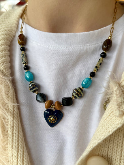 Akrilik Boncuklu Çelik Kolye Lacivert Kalp