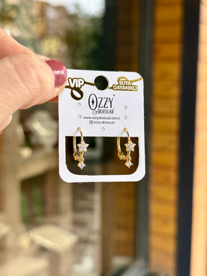 VIP Tek Taş Sallantılı Çiçekli Halka Küpe