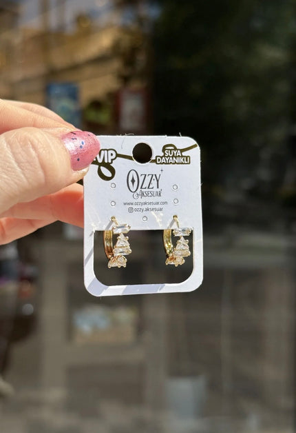 VIP Asimetrik Sıra Taş İşlemeli Halka Küpe 14K