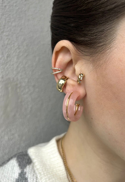 Gold Şeritli Yarı Saydam Yarım Halka Premium Küpe Pembe