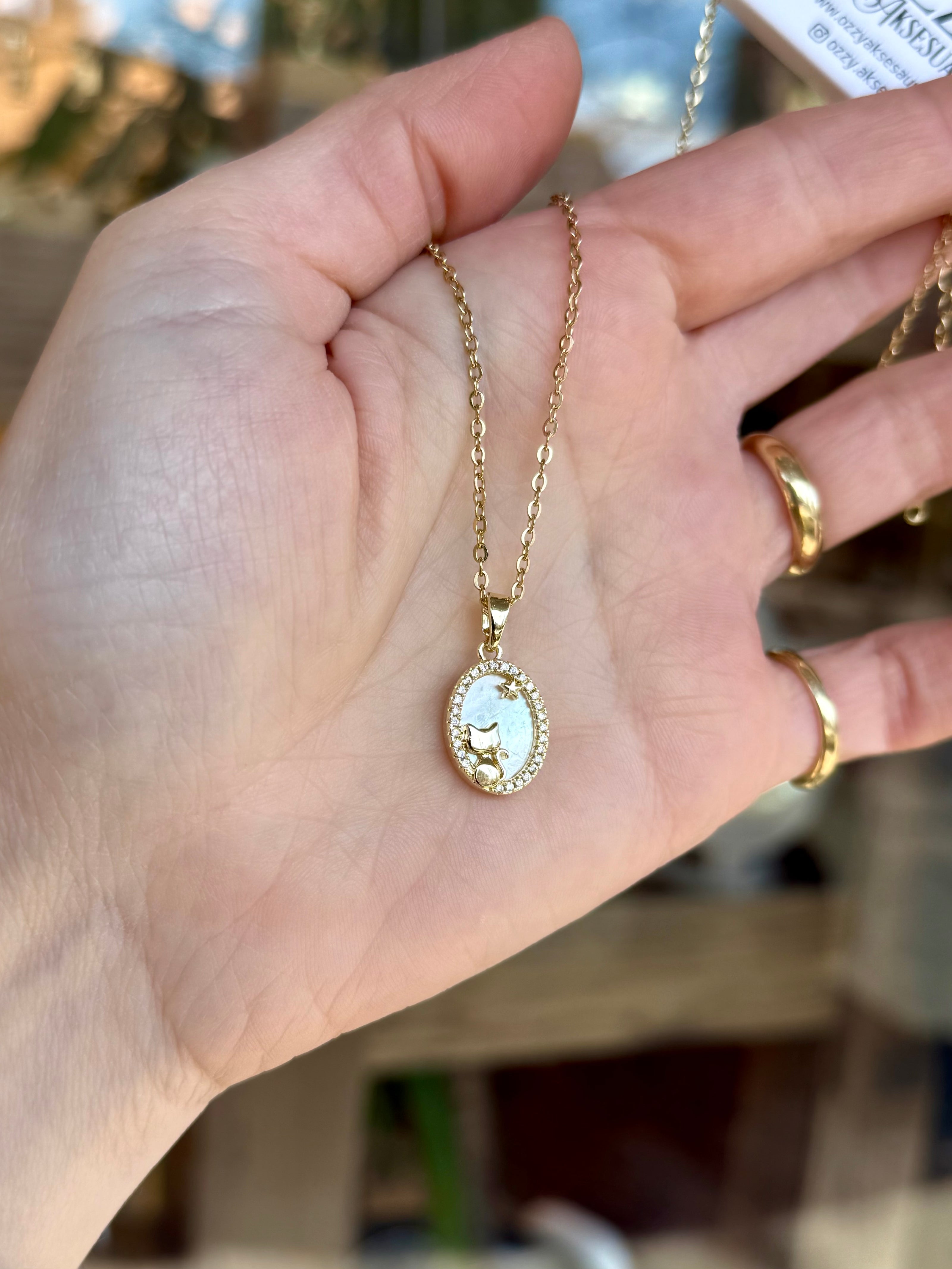 Oval Sedef Üzeri Kedi Uçlu Çelik Kolye