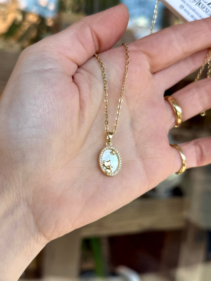 Oval Sedef Üzeri Kedi Uçlu Çelik Kolye