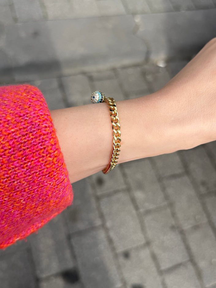 VIP Gömme Taşlı Nazar Boncuk Top Sallantılı Ezme Zincir Bileklik 17 cm