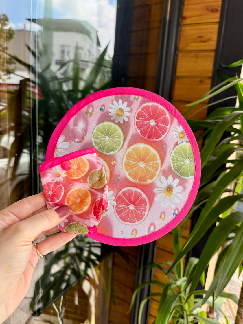 Çıtçıtlı Çantalı Katlanabilir Yuvarlak Yelpaze 20 cm Portakal Desenli