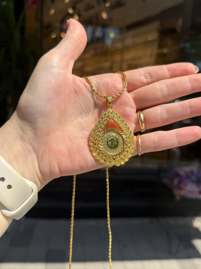 Altın Kaplama Yaprak Desen Ata Kolye 60 cm
