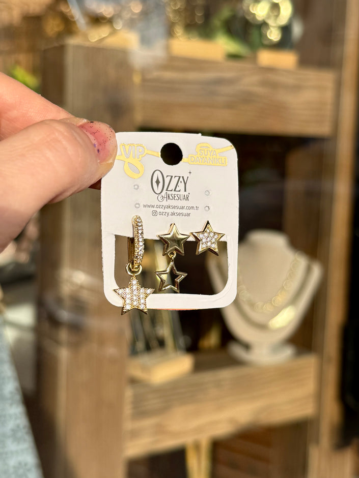 VIP 3'lü Set Küpe Gömme Taş Yıldızlı