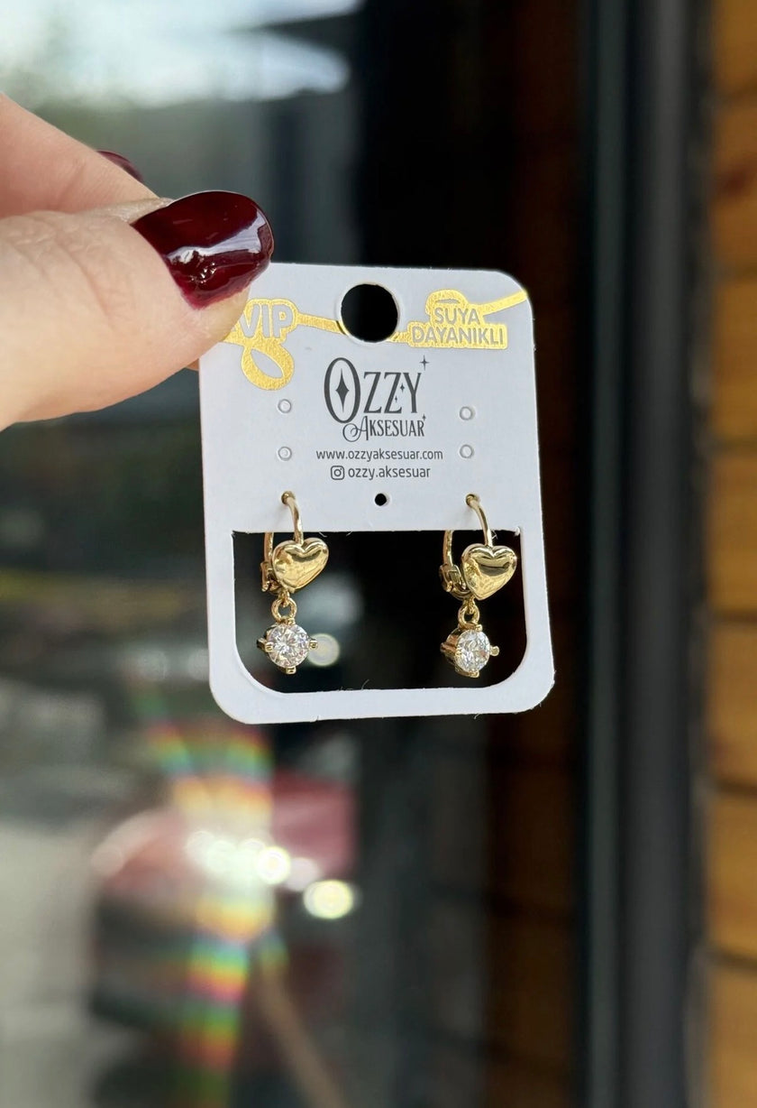 VIP Taş Sallantılı Kalp Model Halka Küpe 14K