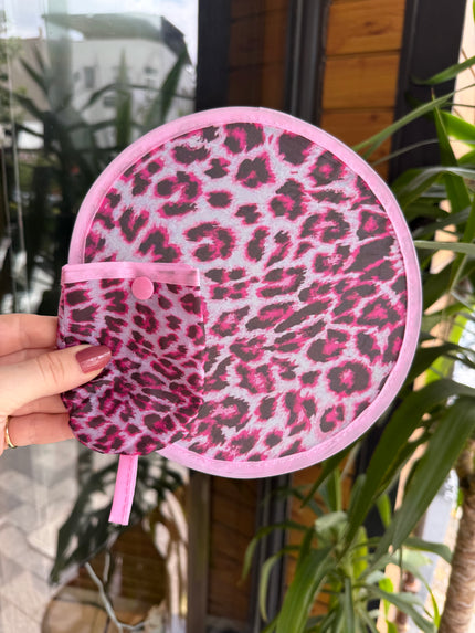 Çıtçıtlı Çantalı Katlanabilir Yuvarlak Yelpaze 20 cm Pembe Leopar Desenli