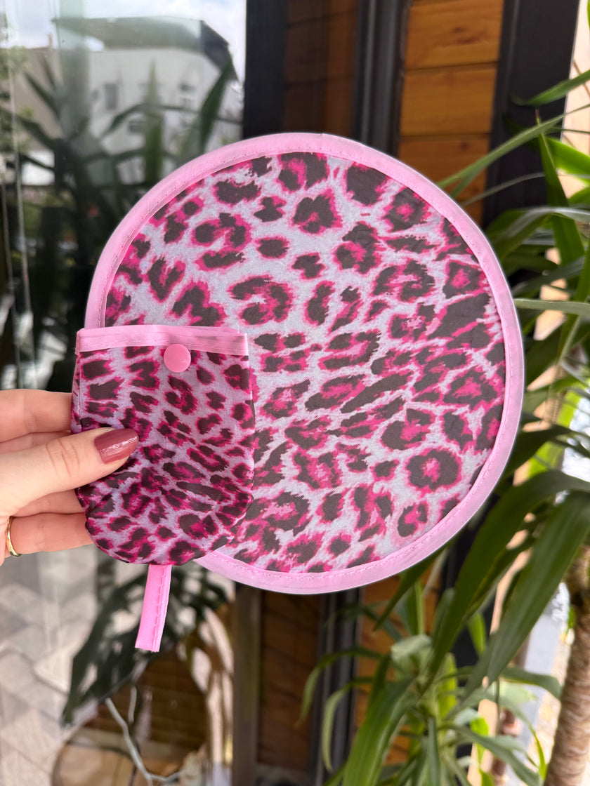 Çıtçıtlı Çantalı Katlanabilir Yuvarlak Yelpaze 20 cm Pembe Leopar Desenli