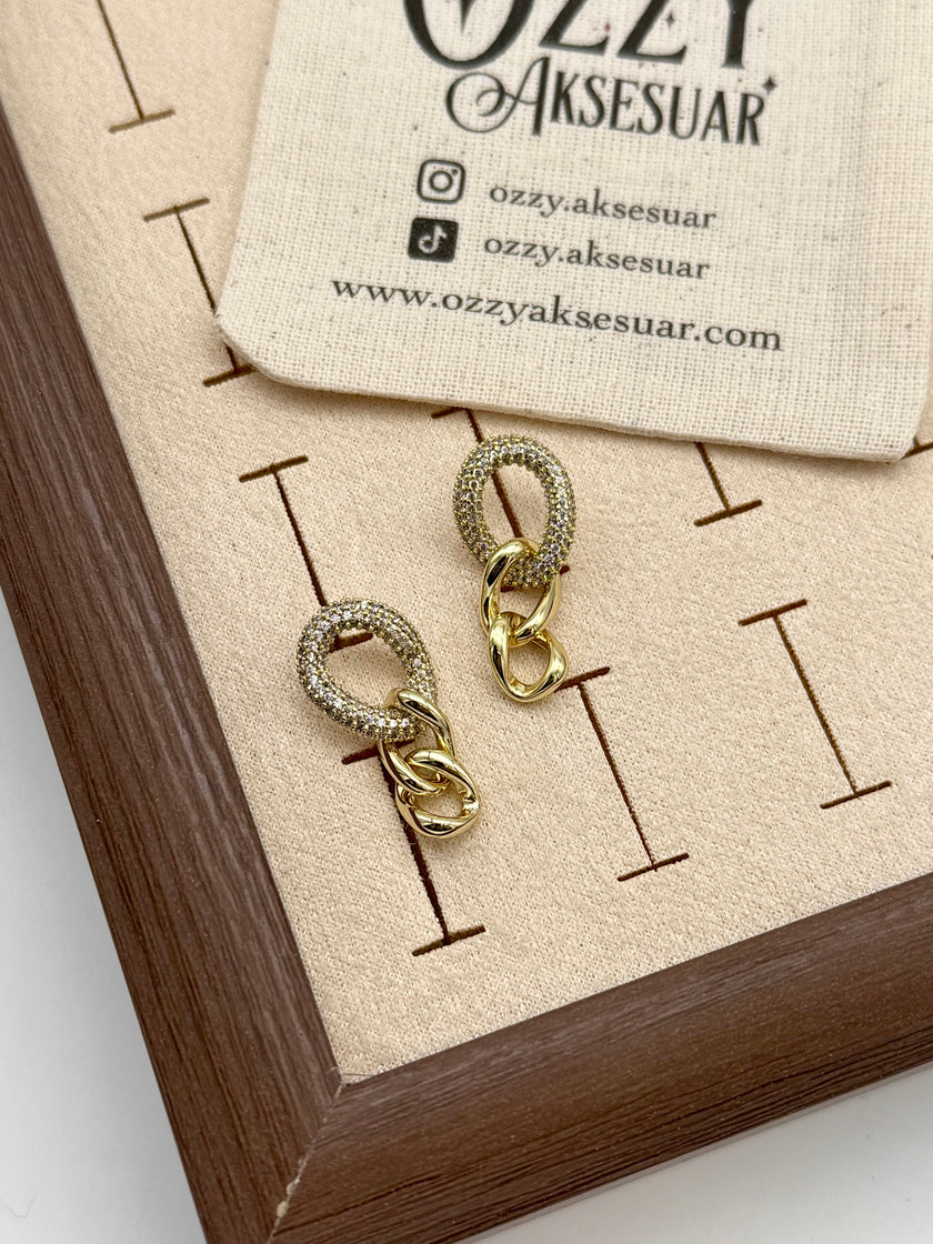 VIP Gömme Taşlı Oval Zincir Küpe