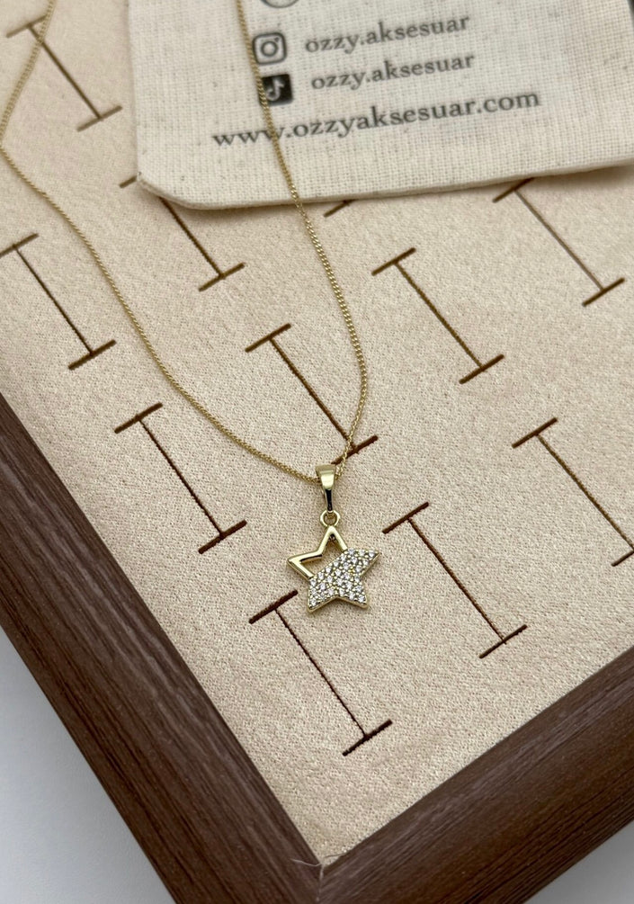 VIP Yarı Gömme Taşlı Yıldız Kolye 45 cm 14K
