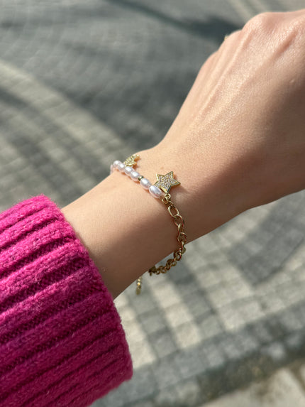 VIP Ay Yıldız Charmlı İncili Zincir Bileklik 16 + 4 cm