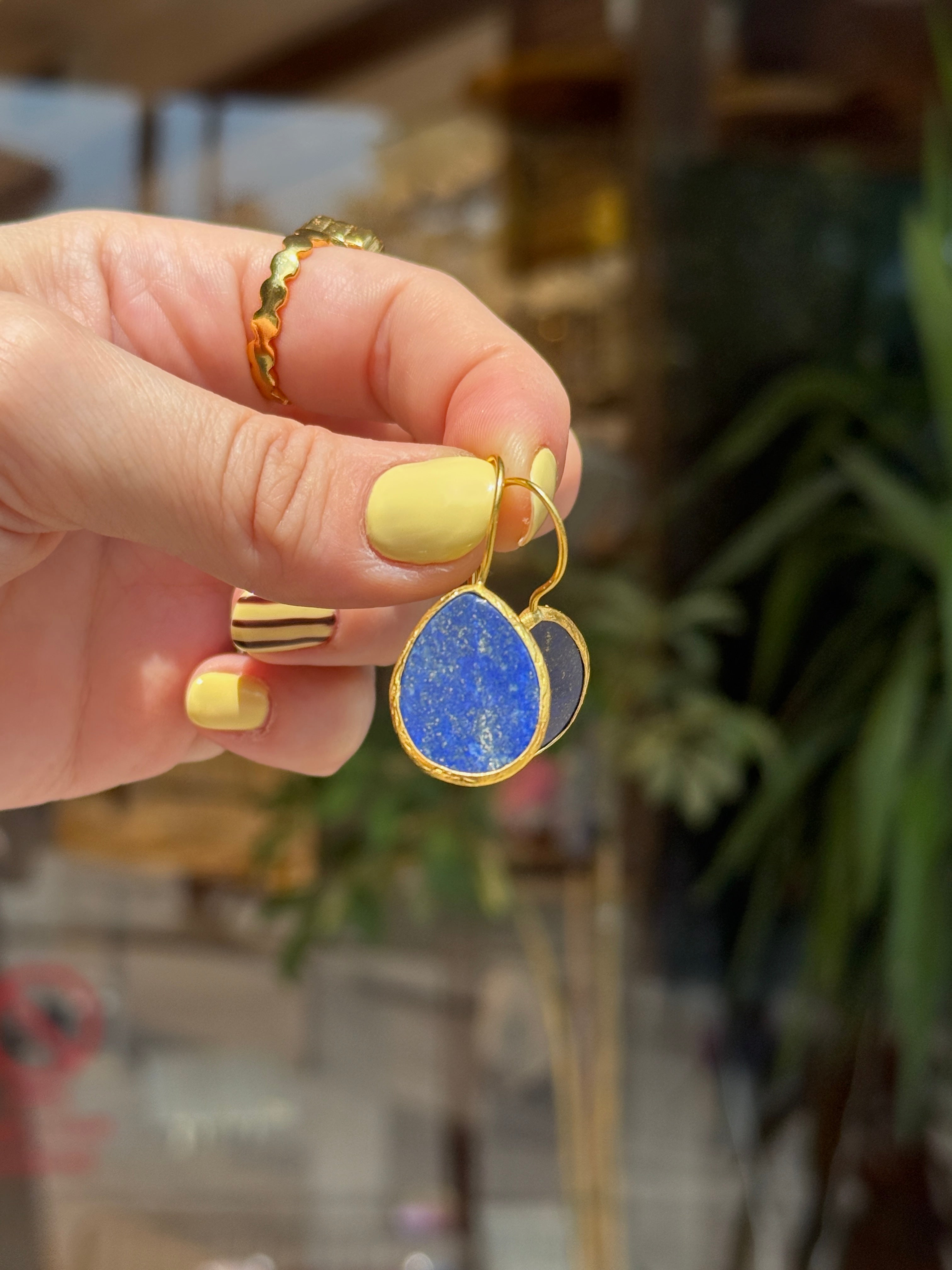 El Yapımı Altın Kaplama Doğal Damla Taşlı Kanca Küpe Lapis Lazuli