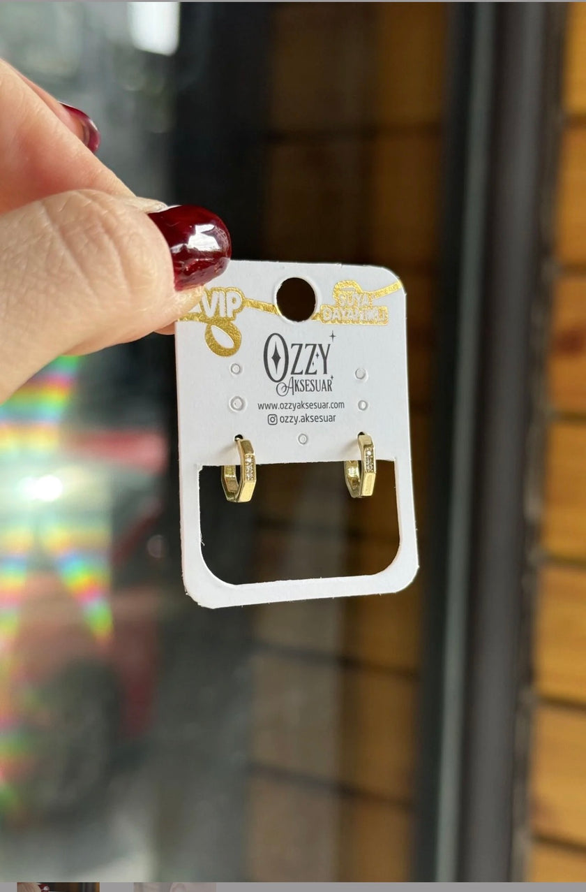 VIP 3 Taşlı Altıgen Küçük Halka Küpe 14K