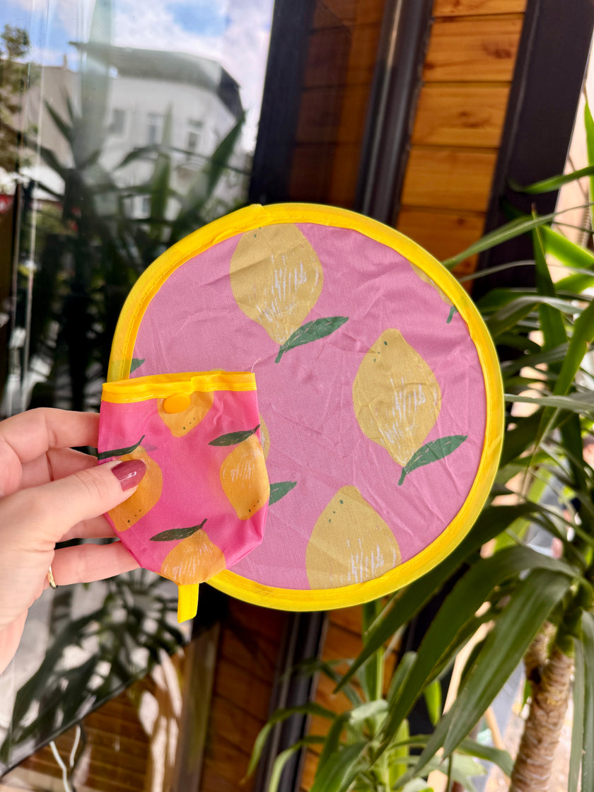 Çıtçıtlı Çantalı Katlanabilir Yuvarlak Yelpaze 20 cm Limon Desenli