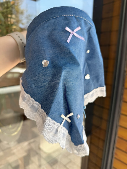 İnce Kot Kumaş Taş Detaylı Yarım Bandana Taç Toka Açık Renk