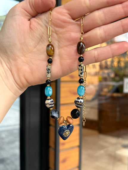 Akrilik Boncuklu Çelik Kolye Lacivert Kalp