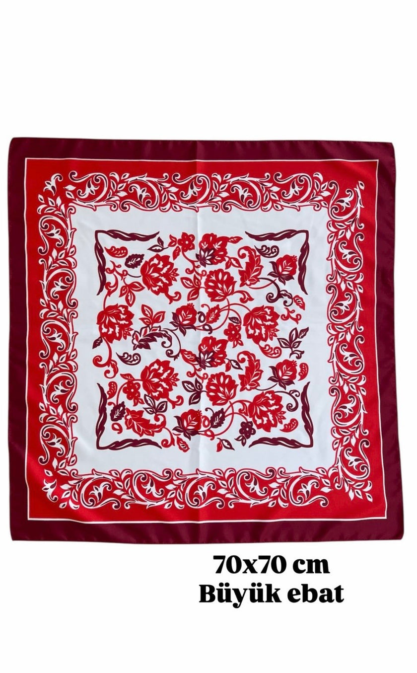 Büyük Boy Kare Fular Toka Kırmızı Çiçek 70 x 70 cm