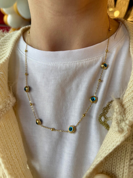 6 Nazar Boncuklu Topçuk Zincir Çelik Kolye