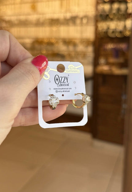 VIP Yatay Baget Taşlı Halka Küpe 14K