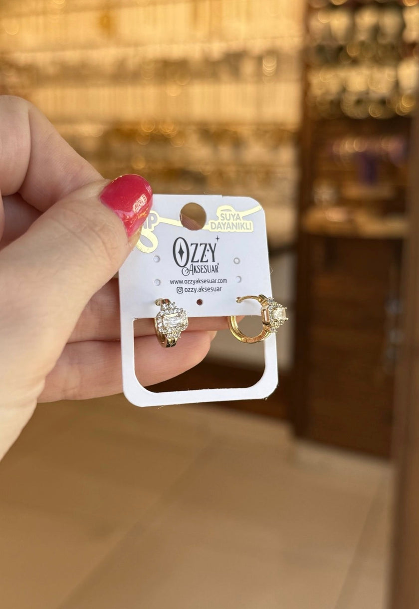 VIP Yatay Baget Taşlı Halka Küpe 14K