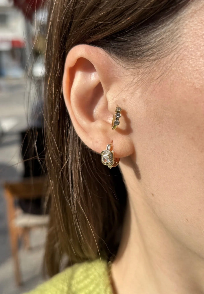 VIP Baget Taşlı Halka Küpe 14K