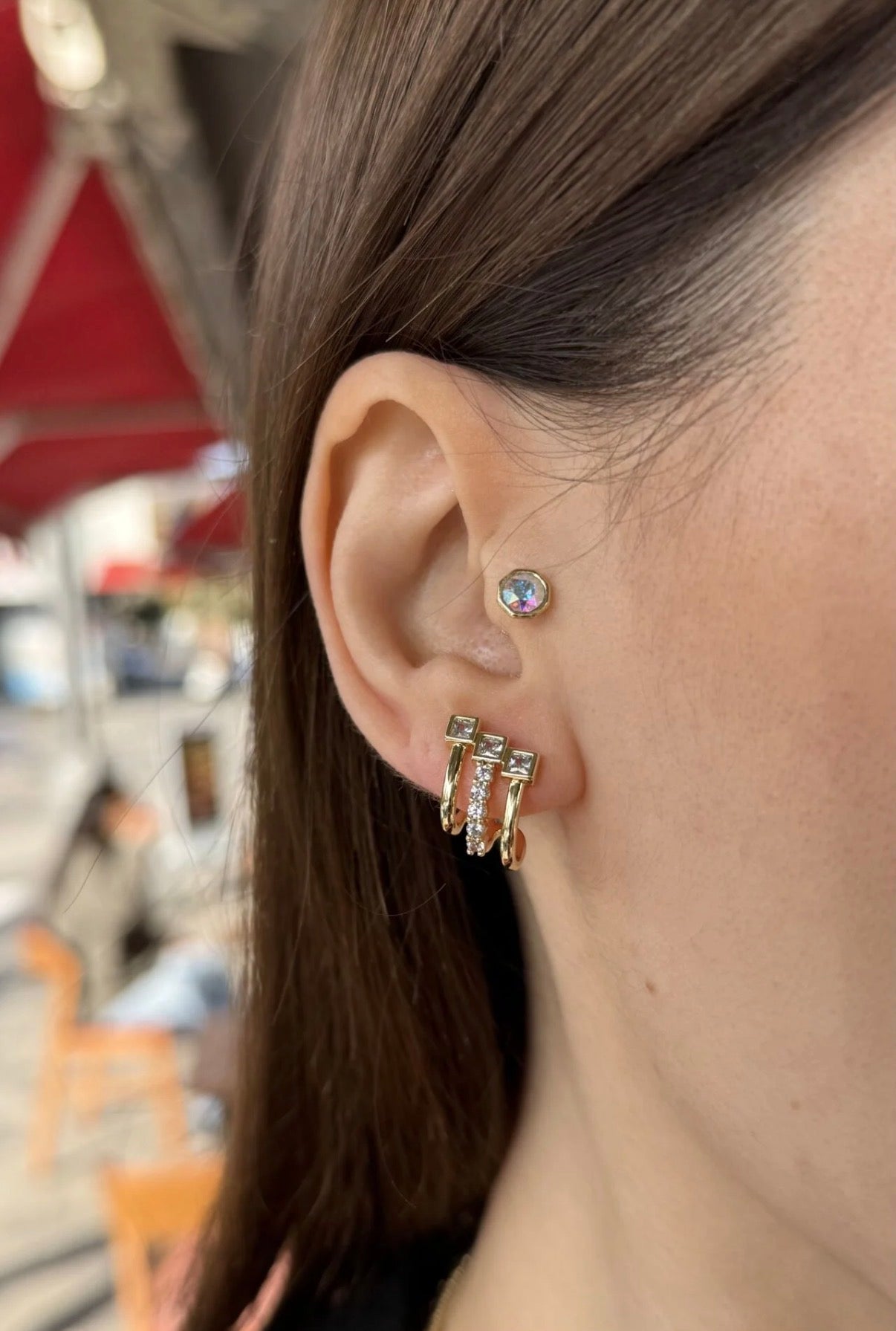 VIP Sıra Kare Taşlı 3'lü Görünüm Küpe