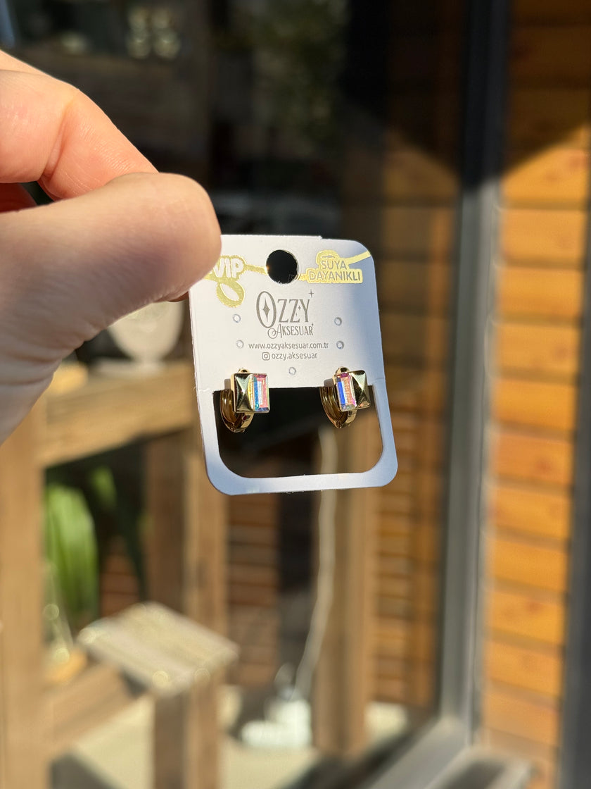 VIP Baget Kristal Opal Renkli Zirkon Taşlı Halka Küpe