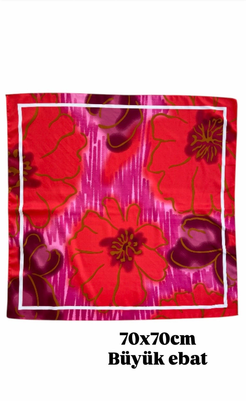 Büyük Boy Kare Fular Toka Gold Çiçek Kırmızı Zemin 70 x 70 cm