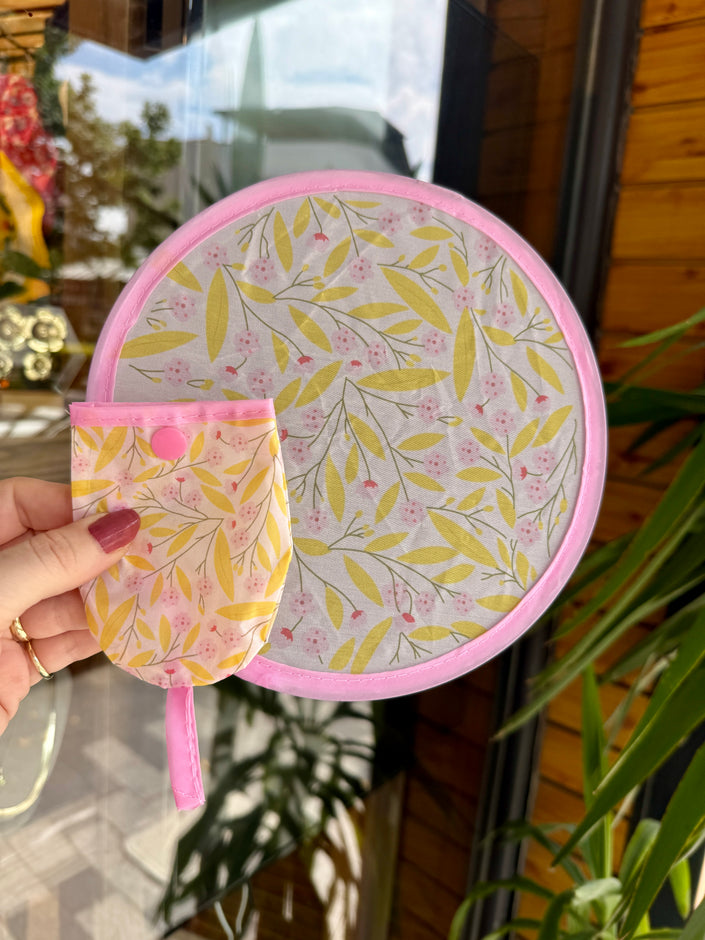 Çıtçıtlı Çantalı Katlanabilir Yuvarlak Yelpaze 20 cm Pembe Tomurcuk Çiçekli