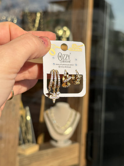 VIP 3'lü Set Küpe Gömme Taş Kafes Kuzey Yıldızlı