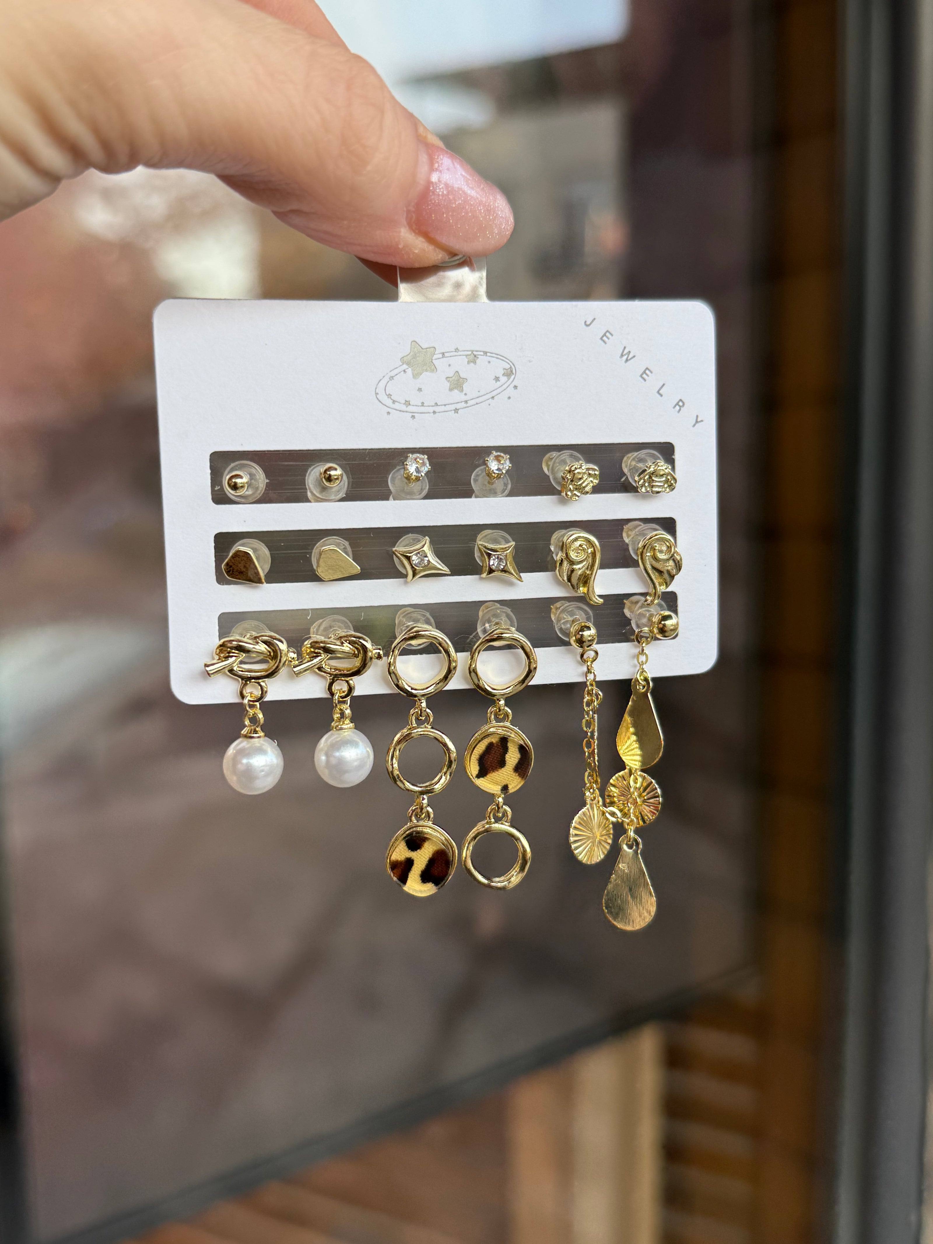 Leopar Desen Yuvarlak Modellli 9 Çift Minimal Küpe Seti