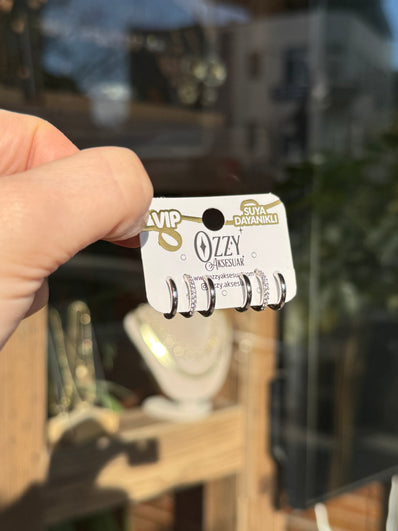 VIP Orta Sırası Taşlı 3'lü Çoklu Görümüm Küpe Gümüş Renk