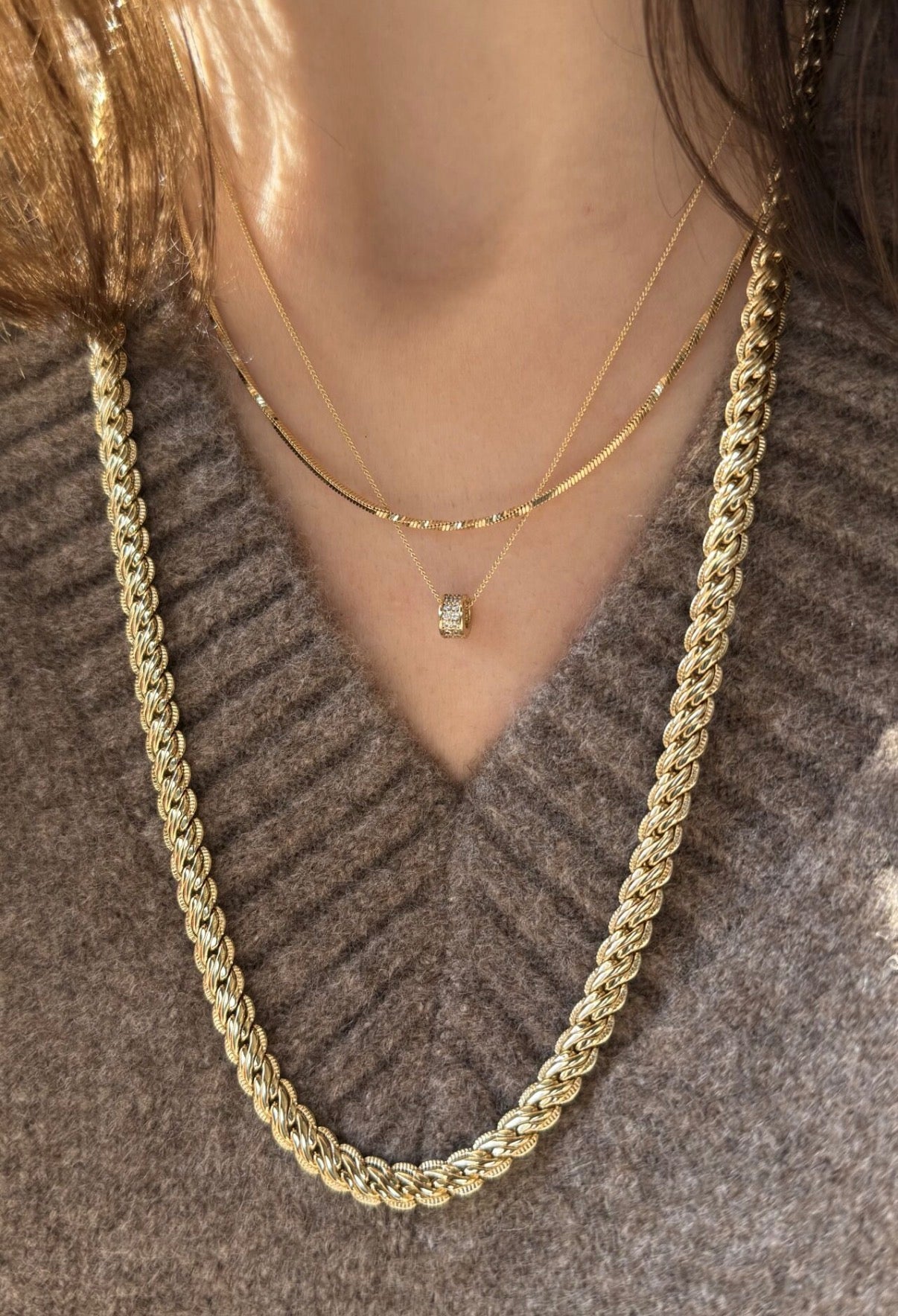 VIP Çift Sıra Taşlı Silindir Model Kolye 45 cm 14K