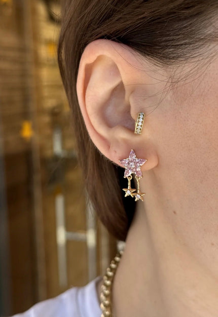 VIP Sallantılı Zirkon Taş İşleme Yıldız Küpe Pembe 14K