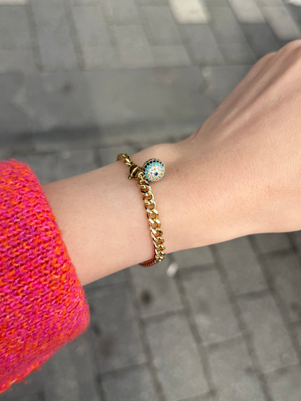 VIP Gömme Taşlı Nazar Boncuk Top Sallantılı Ezme Zincir Bileklik 17 cm