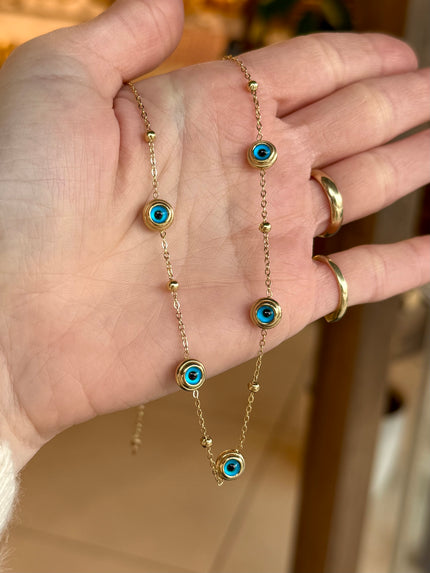 6 Nazar Boncuklu Topçuk Zincir Çelik Kolye