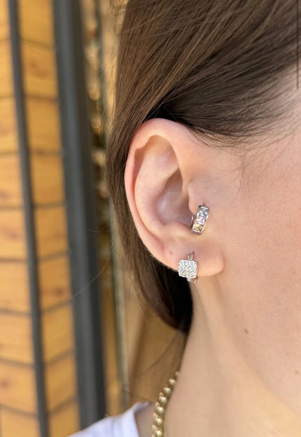 VIP Gömme Taşlı Kare Modelli Küçük Halka Küpe Gümüş Renk