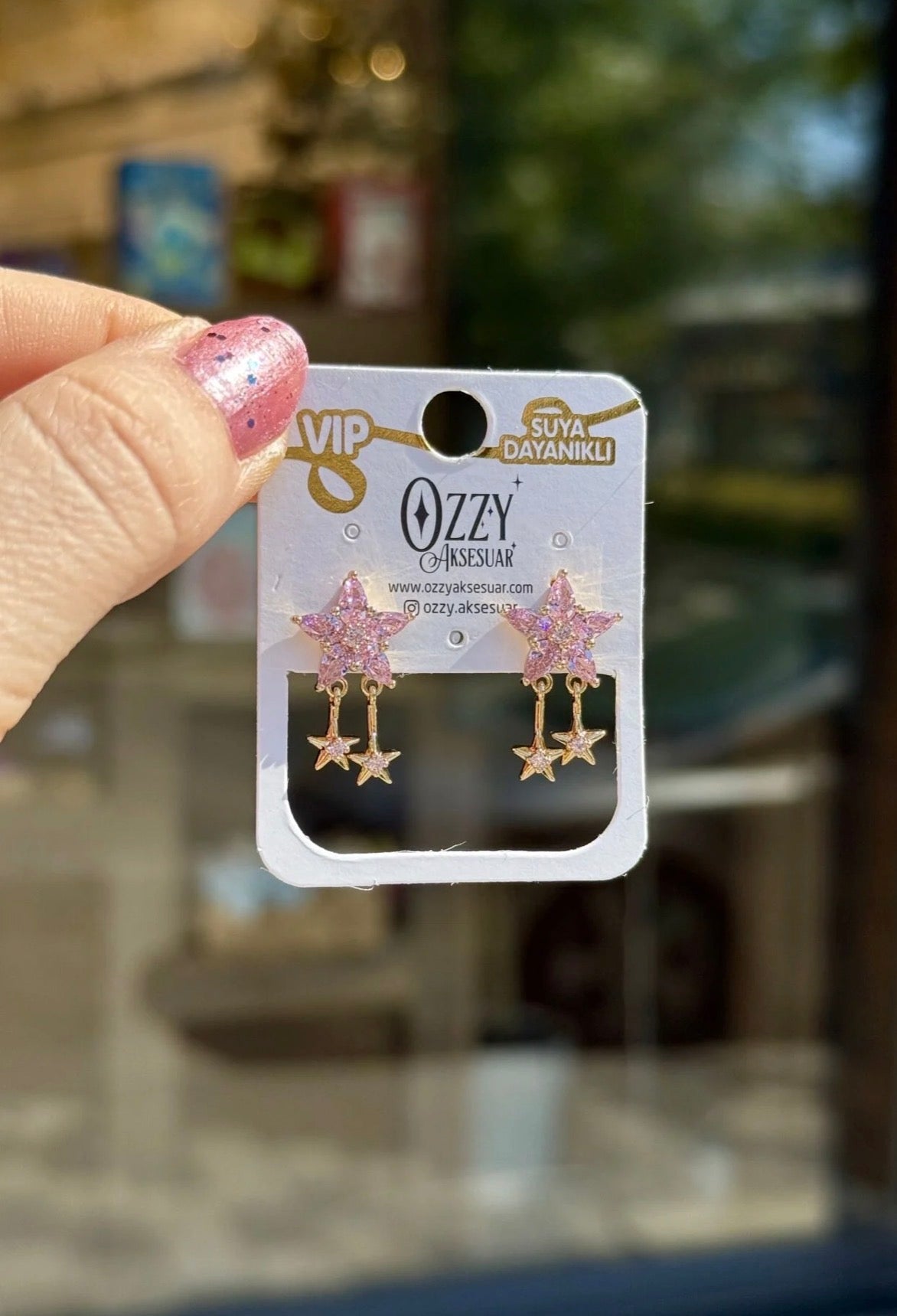 VIP Sallantılı Zirkon Taş İşleme Yıldız Küpe Pembe 14K