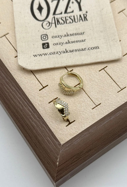 VIP Dalgalı Taş İşleme Halka Küpe 14K