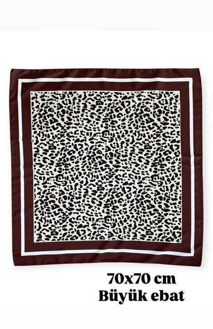 Büyük Boy Kare Fular Toka Kahve Şeritli Leopar 70 x 70 cm