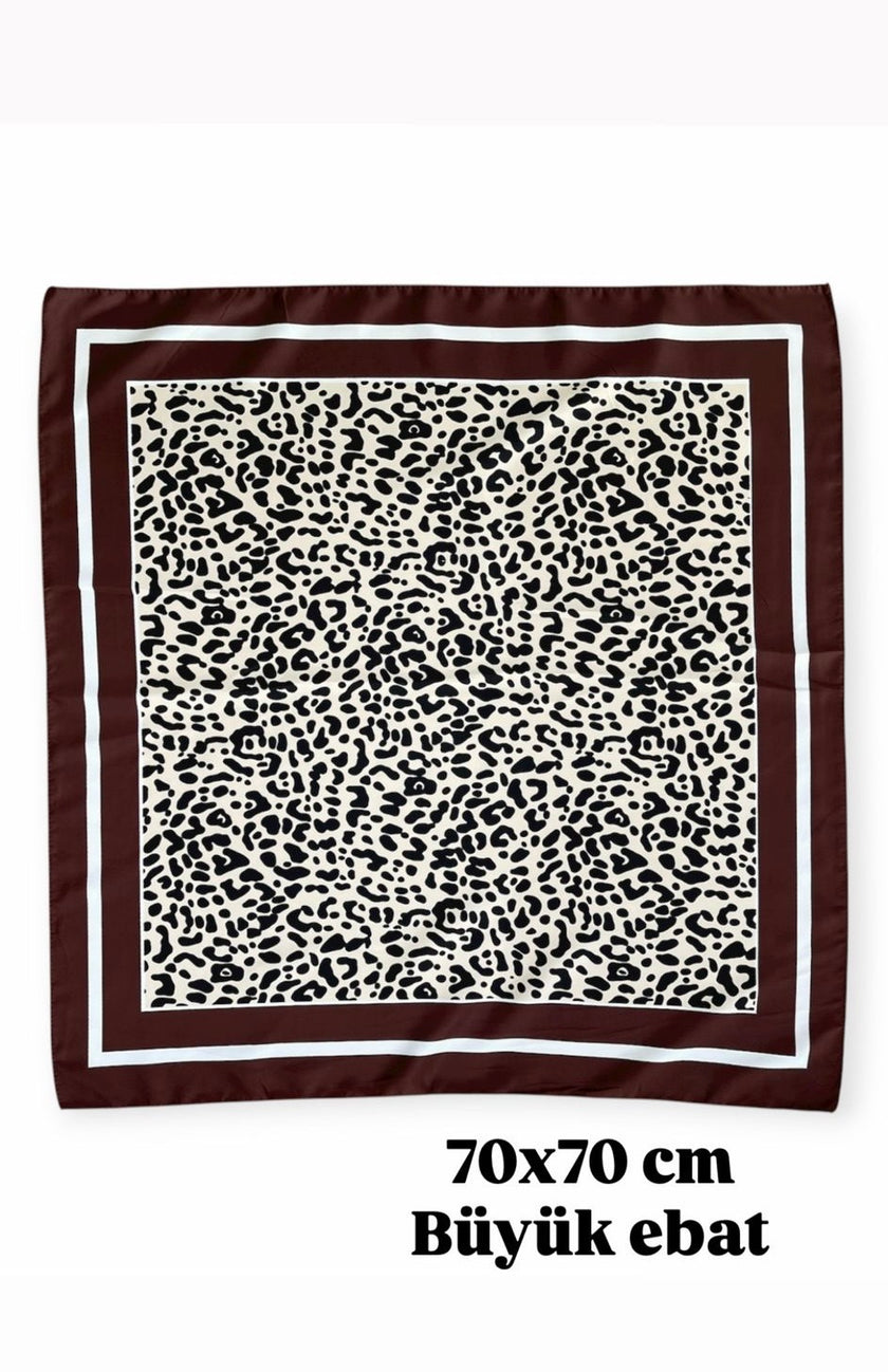 Büyük Boy Kare Fular Toka Kahve Şeritli Leopar 70 x 70 cm