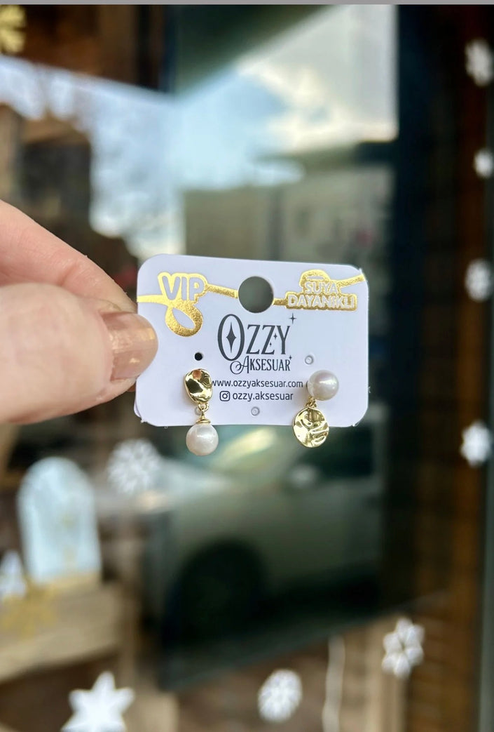 VIP İnci Sallantılı Plaka Model Küpe 14K