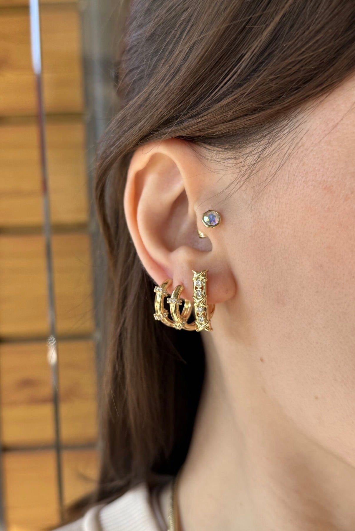 VIP Çapraz Modellli Gömme Taş Detay Küpe 14K