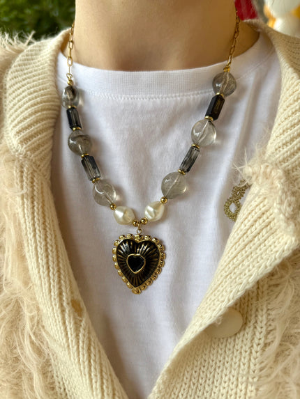 Akrilik Boncuklu Çelik Kolye Siyah Kalp