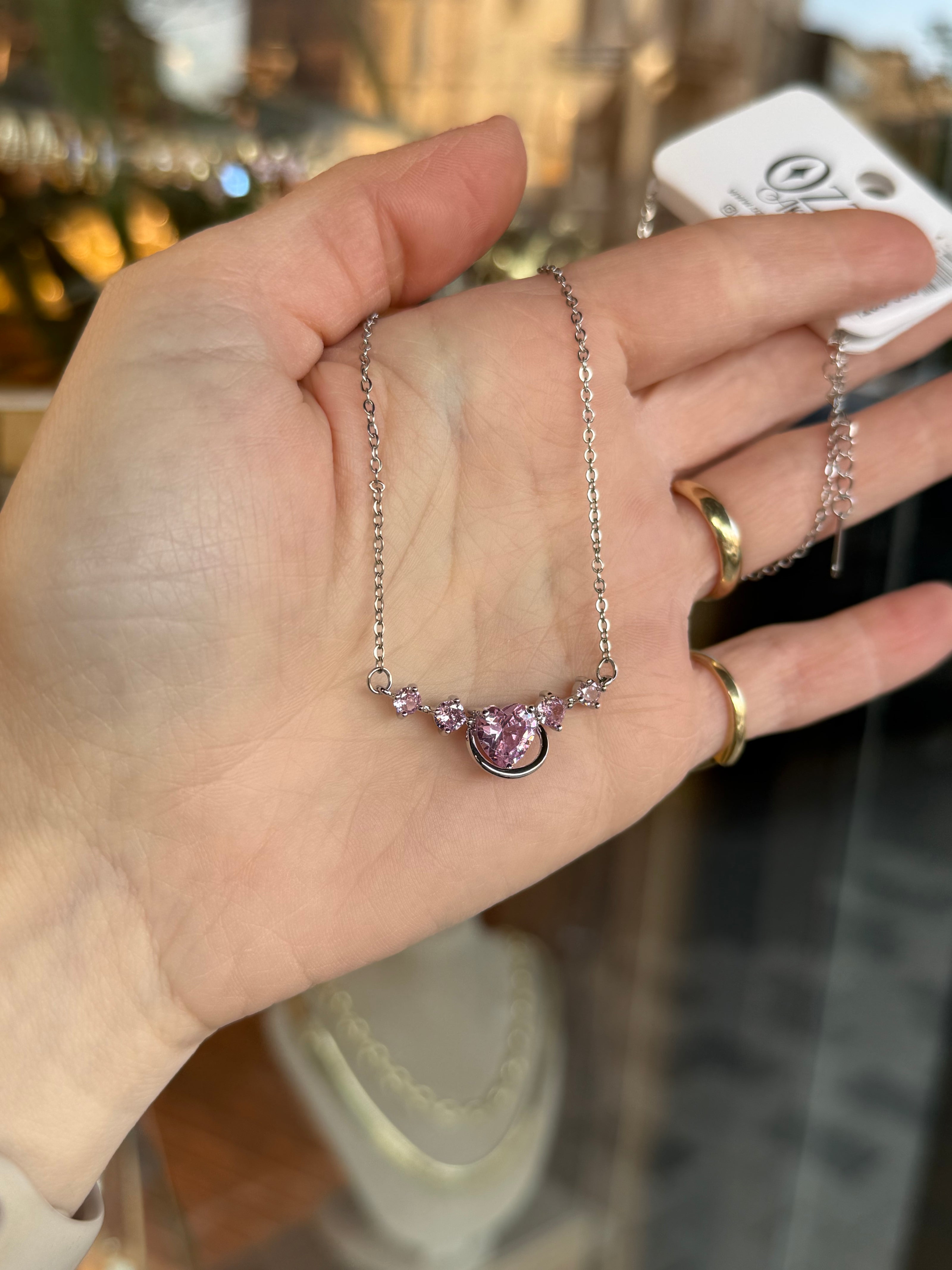 Pembe Sıra Zirkon Taşlı Kalp Kolye Gümüş Renk 45 cm