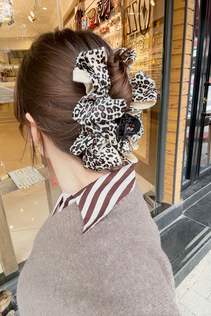 Katlı Leopar Desen Süet Mandal Toka Açık Renk