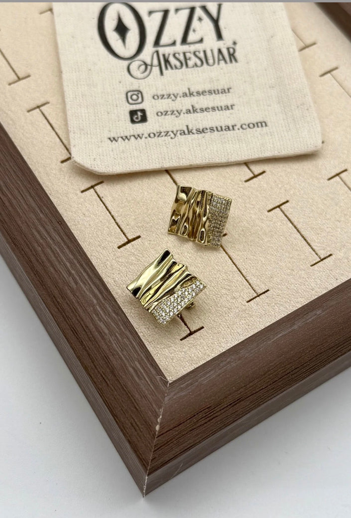 VIP Gömme Taş İşleme Kıvrımlı Küpe 14K